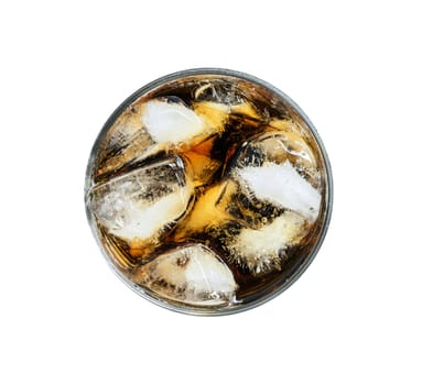 Top view of a glass of cola with ice isolated on white background