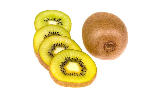 One whole and sliced ripe and fresh Kiwi fruits isolated on white background