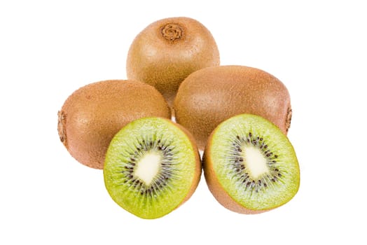 Three whole and two half fresh Kiwi fruits isolated on white background