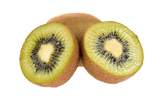 One whole and two half fresh Kiwi fruits isolated on white background