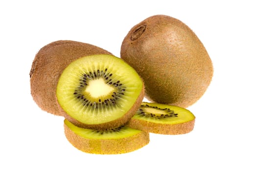 Two whole and sliced ripe and fresh Kiwi fruits isolated on white background