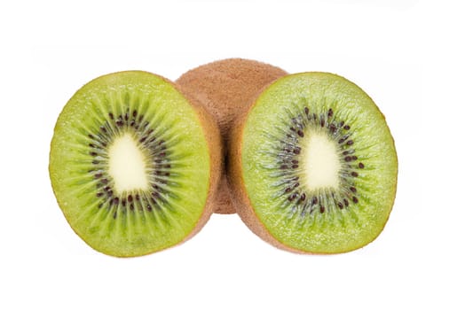 One whole and two half ripe and fresh Kiwi fruits isolated on white background