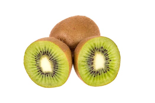 One whole and two half ripe and fresh Kiwi fruits isolated on white background