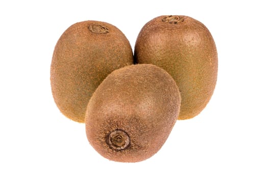 Three whole fresh and ripe Kiwi fruits isolated on white background
