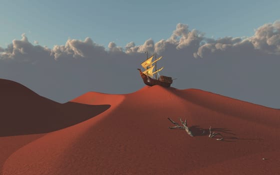 Old sailing ship atop red desert sand dune