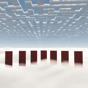 Surrealism. Seven doors in clouds. Maze of clouds in the sky.
