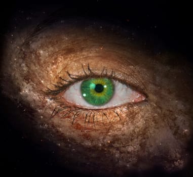 Surrealism. Woman's eye with galaxies.
