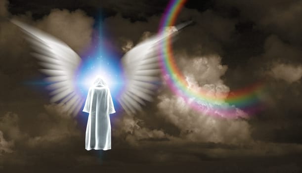 Surrealism. Figure in white cloak stands before shining light with white angel's wings.
