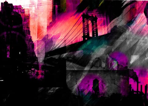 Manhattan bridge. Dramatic painting in dark colors.