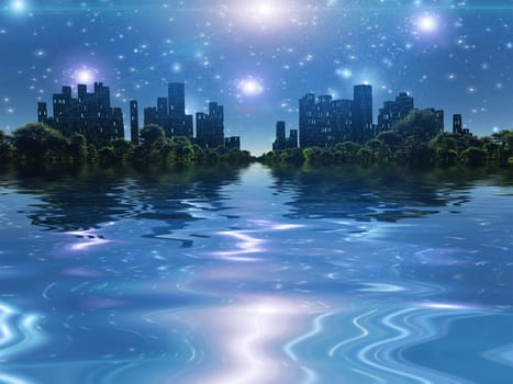 Surreal digital art. City surrounded by green trees in water world. Bright stars in the sky.