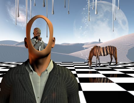 Surrealism. Faceless businessman with another thinking businessman behind him stands on chessboard. Lonely man in a distance. White sand dune. Striped horse like a tiger. 3D rendering