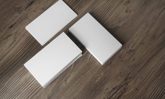 Photo of blank business cards on wooden background. Template for ID. Top view.