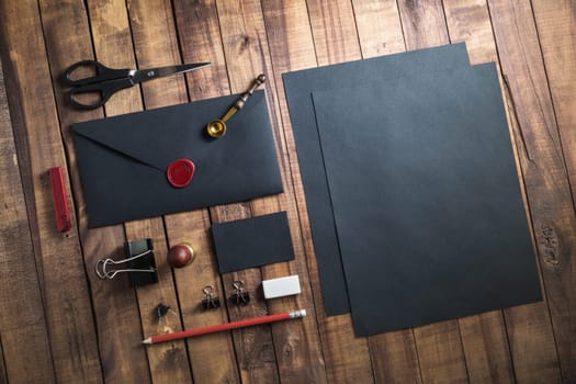 Blank black stationery. Flat lay.