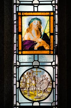 Marazion, England -  May 2018 : Victorian stained glass church window in St Michael`s Mount castle chapel, depicting Jesus Christ, Cornwall, UK