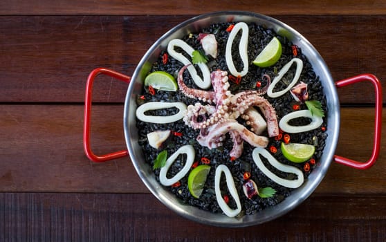 black rissoto with squid and ink sauce.