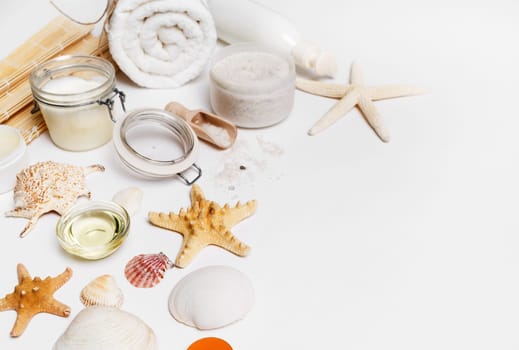 Spa and beauty threatment products. Resort therapy still life. Space for text. Flat lay.