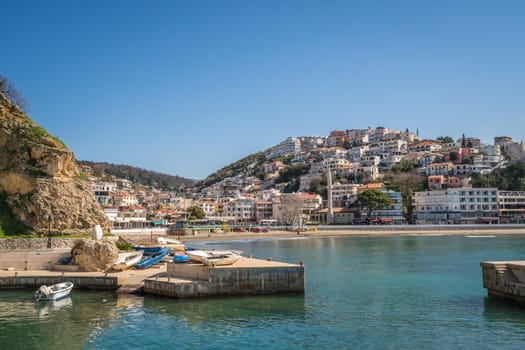 Ulcinj, Montenegro - April 2018 : View of the beach, bay and hillside homes in Ulcinj town