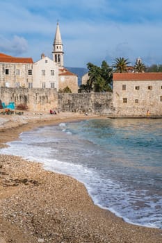Budva, Montenegro - April 2018 : View of the Old Town Budva centre and the beach