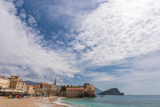 Budva, Montenegro - April 2018 : View of the Old Town Budva centre and the beach