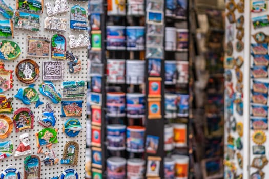 Cetinje, Montenegro - April 2018 : Display with souvenir fridge magnets from Montenegro for sale