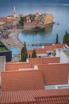 Budva, Montenegro - April 2018 : View of the Old Town Budva centre on the Adriatic coast