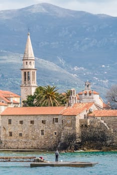 Budva, Montenegro - April 2018 : View of the Old Town Budva centre and the pier