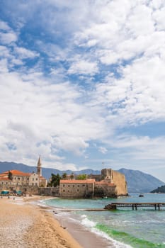 Budva, Montenegro - April 2018 : View of the Old Town Budva centre and the beach