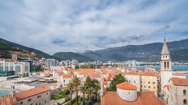 Budva, Montenegro - April 2018 : View of the Old Town Walls in Budva as seen from above