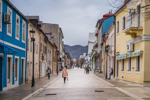 Cetinje, Montenegro - April 2018 : View of the Cetinje town central walking promenade