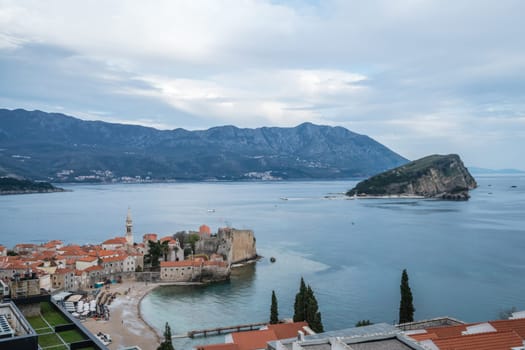 Budva, Montenegro - April 2018 : View of the Old Town Budva on the Adriatic coast