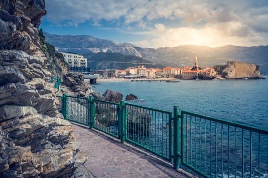Budva, Montenegro - April 2018 : Panorama of the coastal pathway on the Budva Adriatic coast and Old Town, Montenegro