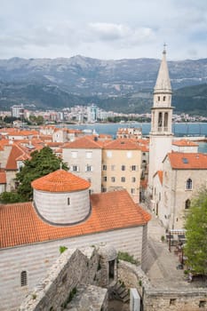 Budva, Montenegro - April 2018 : View of the Old Town Walls in Budva as seen from above