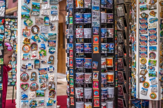 Cetinje, Montenegro - April 2018 : Display with souvenir fridge magnets from Montenegro for sale