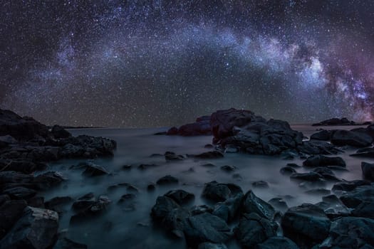 Milky Way over the sea. Long exposure night landscape with Milky Way Galaxy above the Black sea