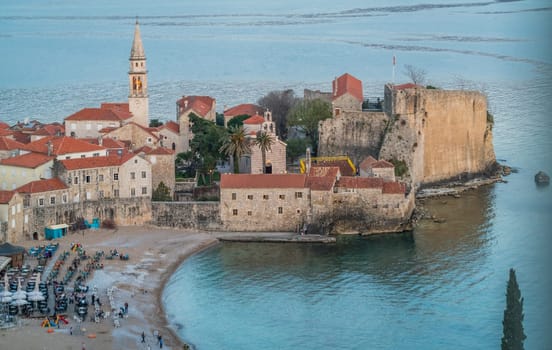 Budva, Montenegro - April 2018 : View of the Old Town Budva centre on the Adriatic coast