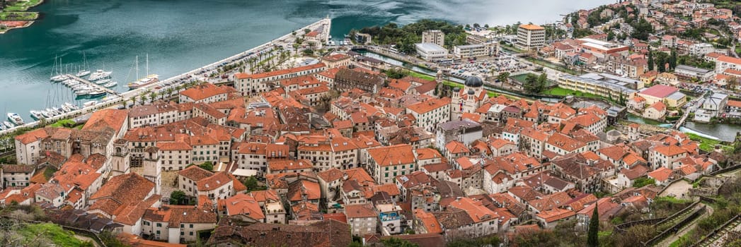 Kotor, Montenegro - April 2018 : Aerial panoramic view of the Old Town houses