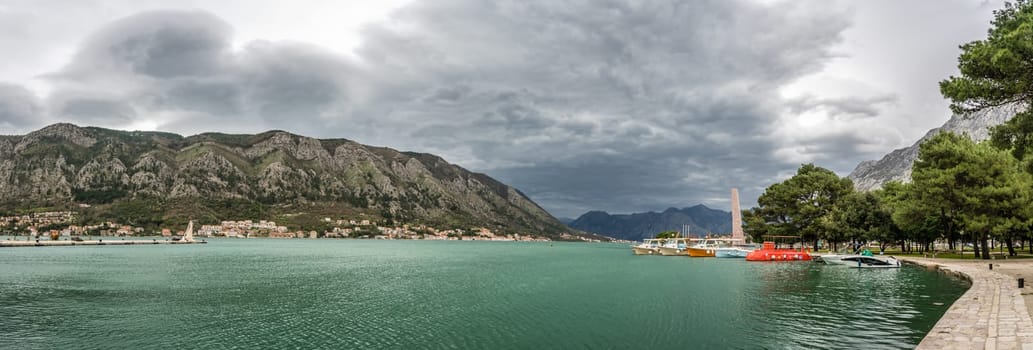 Kotor, Montenegro - March 2018 : Panoramic view of the shore of Kotor bay
