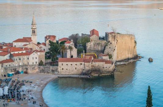 Budva, Montenegro - April 2018 : View of the Old Town Budva centre on the Adriatic coast