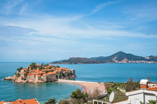 Sveti Stefan, Montenegro - April 2018 :  Historical old town, currently privately owned and turned into an expensive luxury hotel