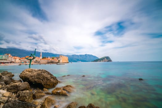 Budva, Montenegro - April 2018 :  The statue of Ballerina Dancer, standing on the rock, Budva landmark, Montenegro