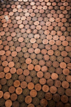 Abstract high angle view of a floor which has been made out of two pence coins.