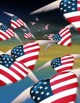 Winged hearts in USA national colors fly into the sky