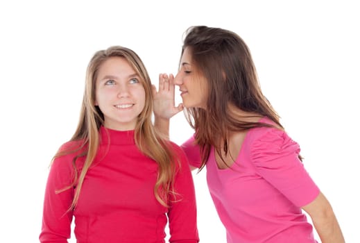 Young girl whispering a secret to her sister isolated on a white background
