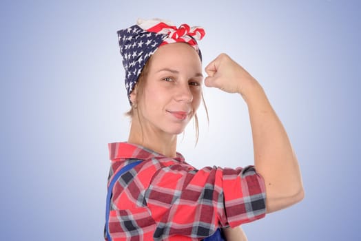 pretty young woman worker vintage on blue background