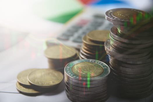 Double exposure stock financial indices with stack coin. Financial stock market in accounting market economy analysis.