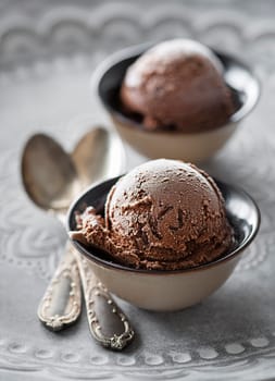 Homemade Organic chocolate Ice Cream scoop decorated with chocolate