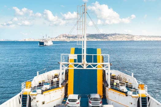 Ferry boat ship sailing between Palau and La Maddalena town, Sardinia island, Italy.