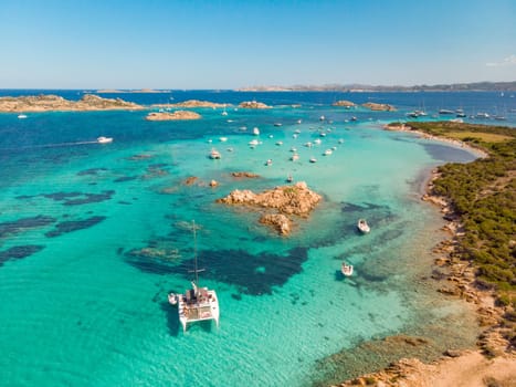 Drone aerial view of Razzoli, Santa Maria and Budelli islands in Maddalena Archipelago, Sardinia, Italy. Maddalena Archipelago is a group of islands between Corsica and north-eastern Sardinia.