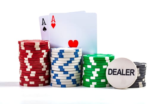 Aces With Casino Chips Isolated On White Background