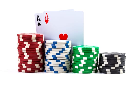 Two Aces with Casino Chips Isolated On White Background